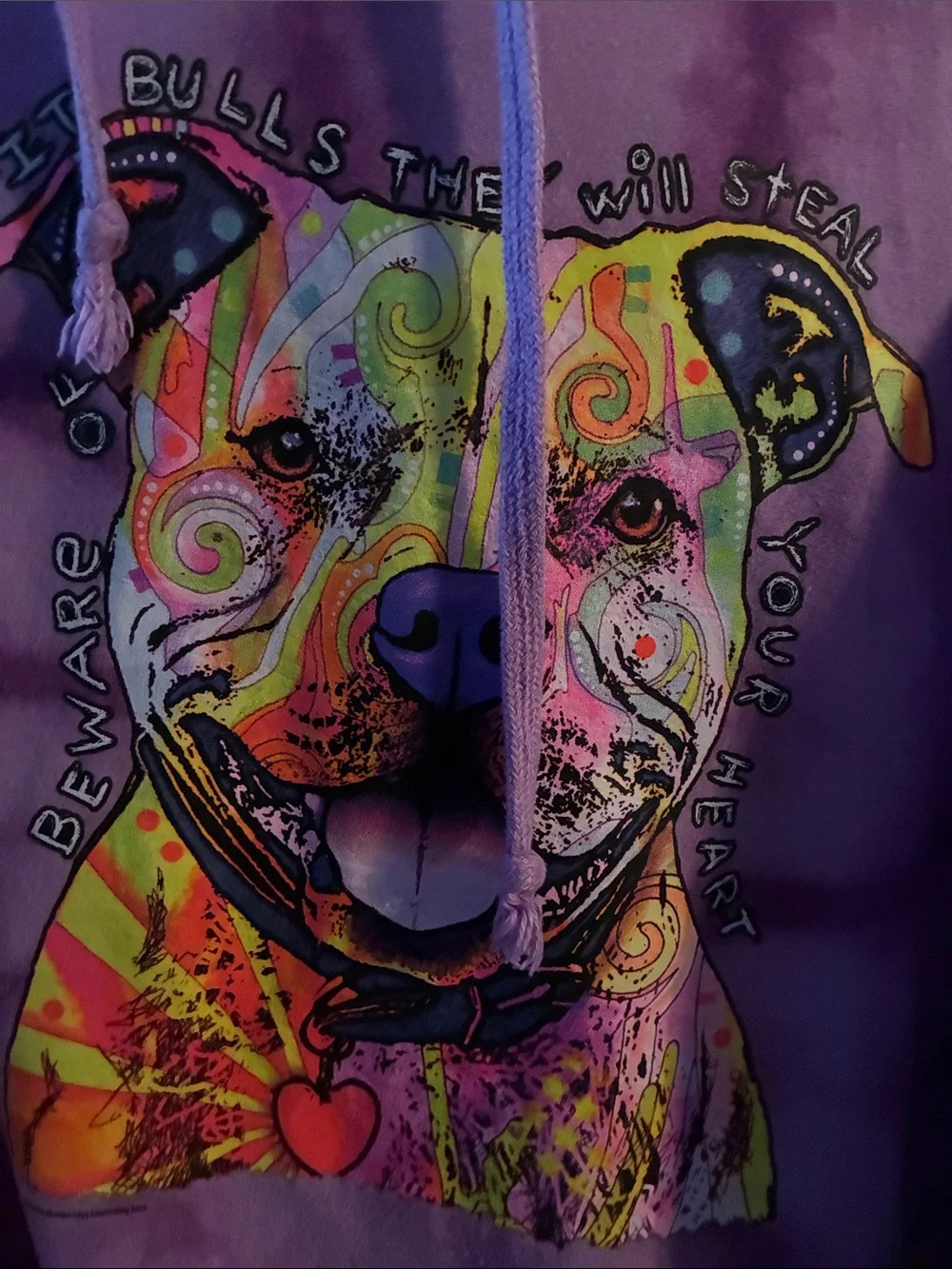 Purple Tie-Dye Dog Hoodie with Colorful Pit Bull Graphic